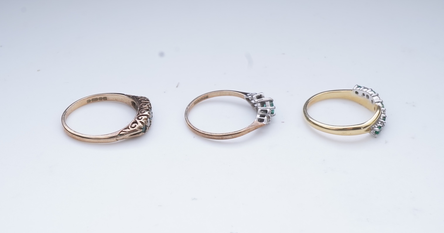 Three emerald and diamond rings